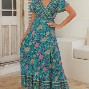 Bohemian Floral Wrap V neck short sleeved split maxi dress